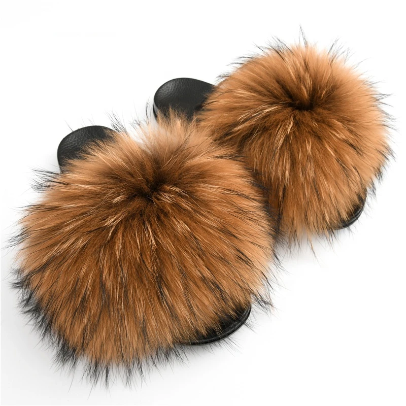 Factory Wholesale PVC Slides Ladies Raccoon Fur Slippers Women Soft Fur Slides