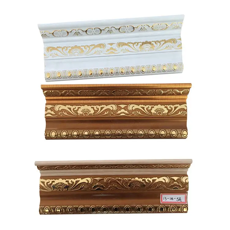 Gold Fancy Flower Embossed Polystyrene Cornice Design Ps Decorative Crown Moulding
