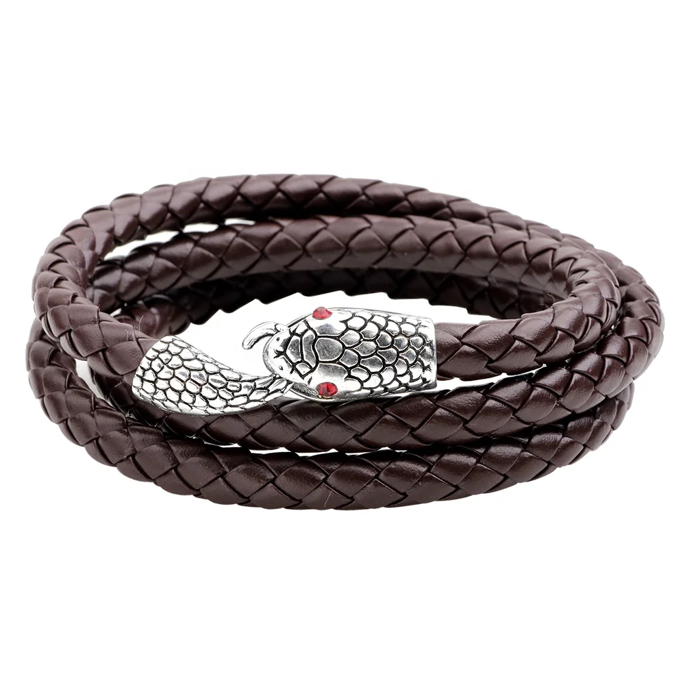 Personality men&women gold silver alloy snake head charm leather braided wrap bracelet