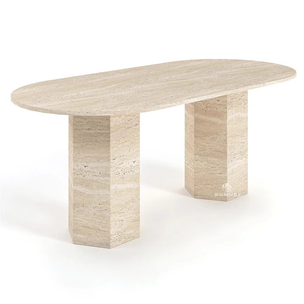 Шестиугольный двухножный обеденный стол мраморный одинокий