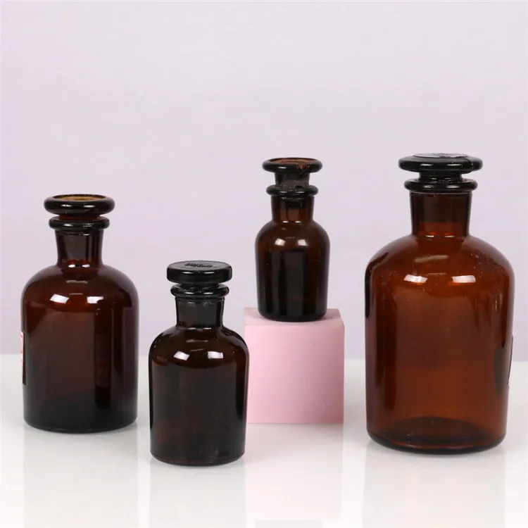 Wholesale 30ml 60ml 125ml 250ml 1000ml amber glass apothecary bottles with stoppers reagent bottle wide narrow mouth