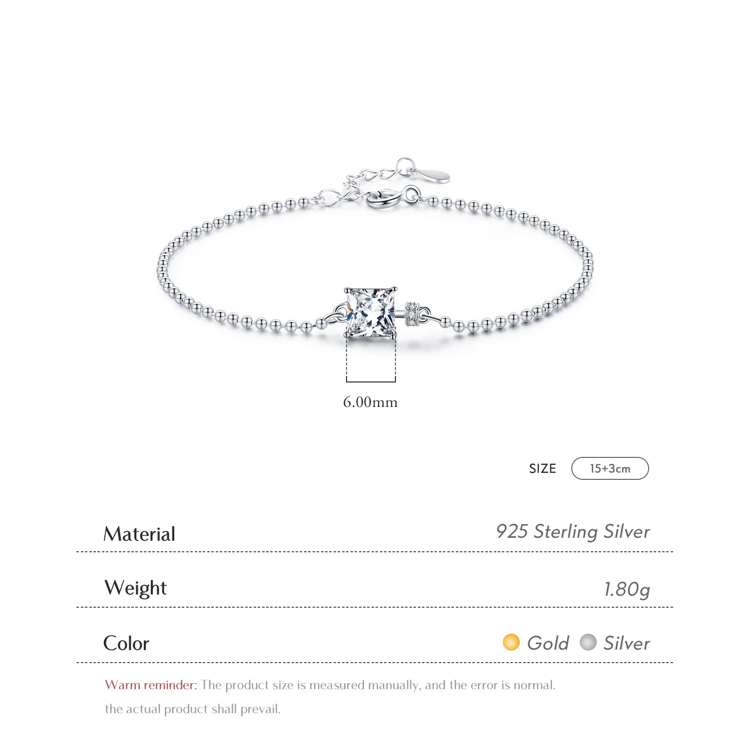 Classic Square Clear CZ Bracelets Solid 925 Sterling Silver Charm Beads Chain Bracelet for Women Wedding Fine Jewelry