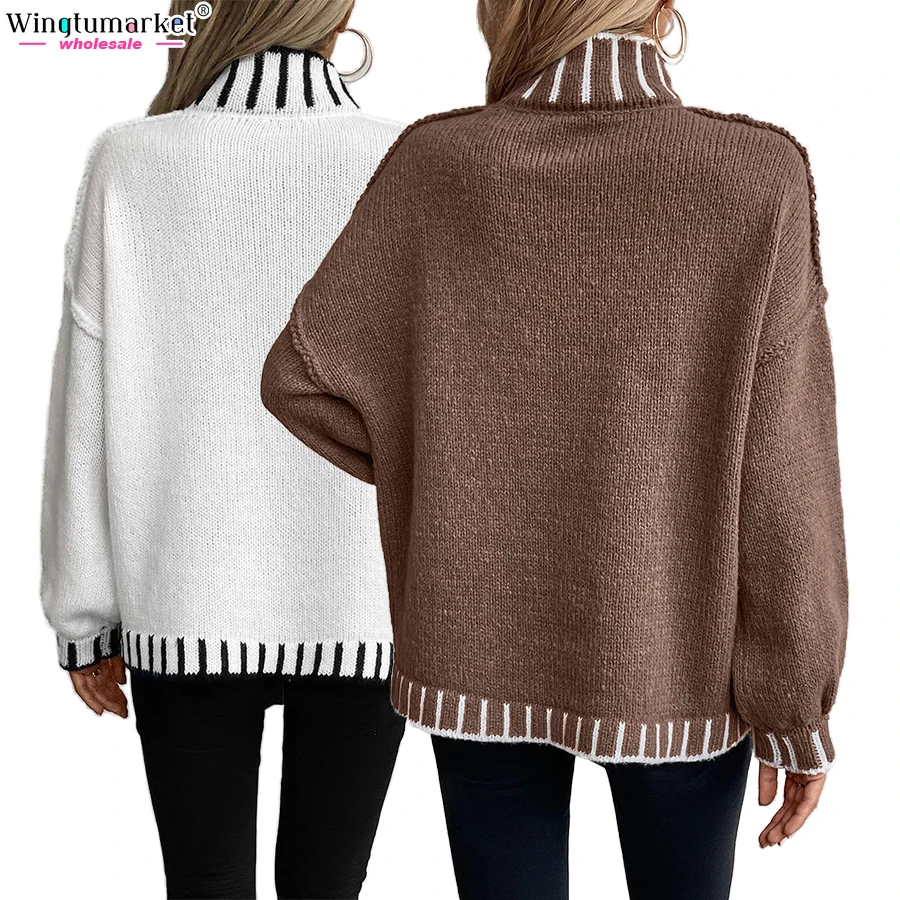 Luxury knitwear woman fall sweaters cozy contrast rib turtleneck pullover drop shoulder white jumper knitted sweater women