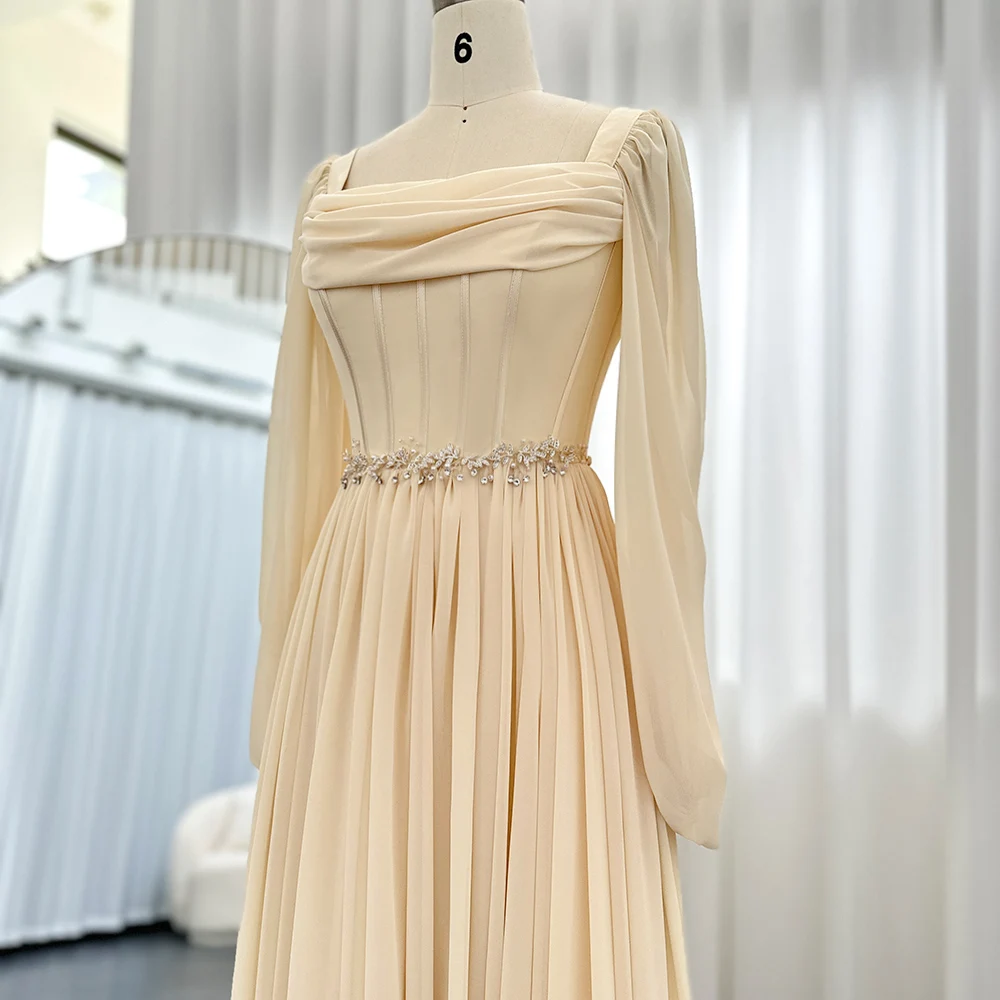 Jancember Dubai Beige Short Midi Arabic Evening Dress With Belt Long Sleeves Tea Length Women Formal Wedding Party Gowns Scz136
