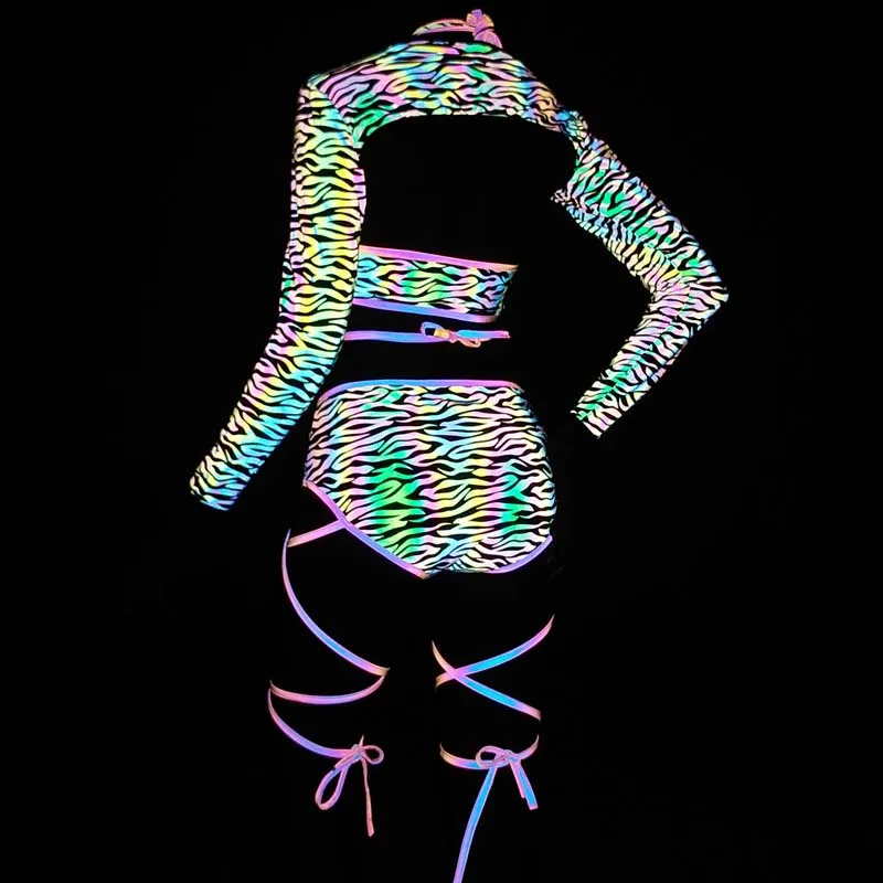 New zebra Pattern Design Printed Cute rainbow Reflective Women Female Cross Strap Crossover Halter Bottom Bikini Split Swimsuit