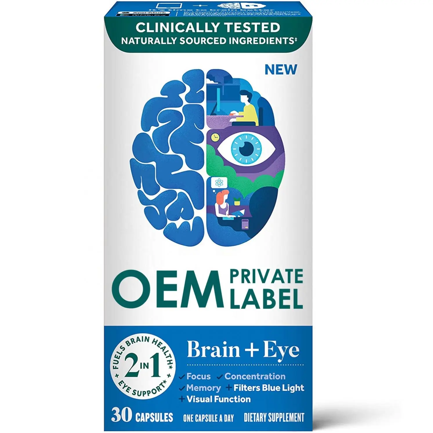 Brain + Eyes supplement capsules improve memory and concentration and contain lutein, vitamin ACE and zinc to promote eye health