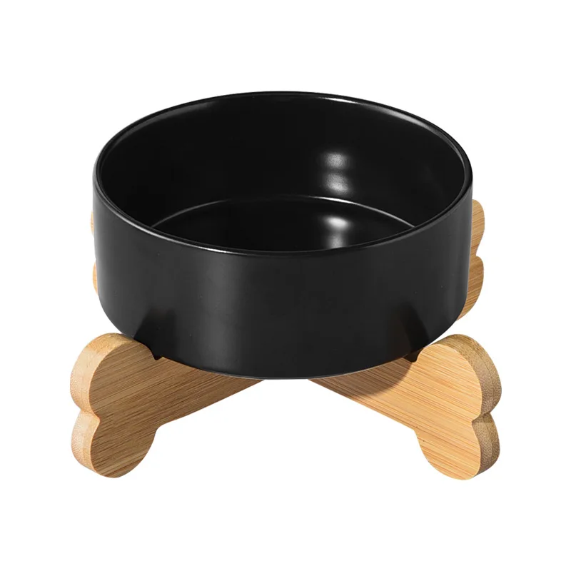 Raised Ceramic Pet Cat Dog Food Water Bowl Set Puppy Ceramic Dog Bowl with Wood Stand Anti-flopping White Pet Bowls Dog and Cat