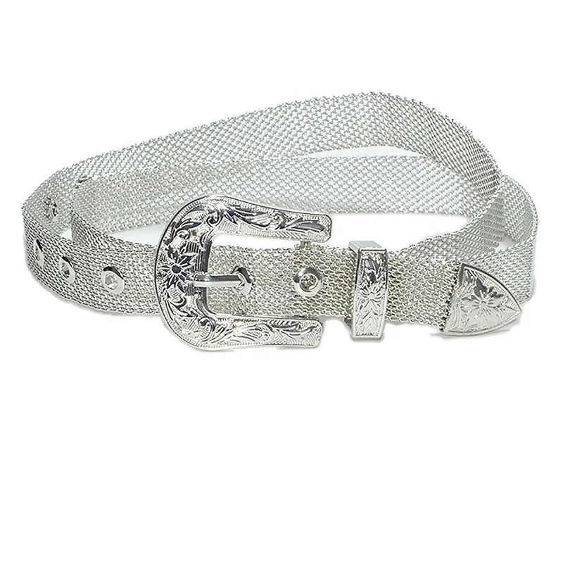 Factory Custom Western Buckle Fashion Retro Waist Chain Dress Grid Metal Belts for Women