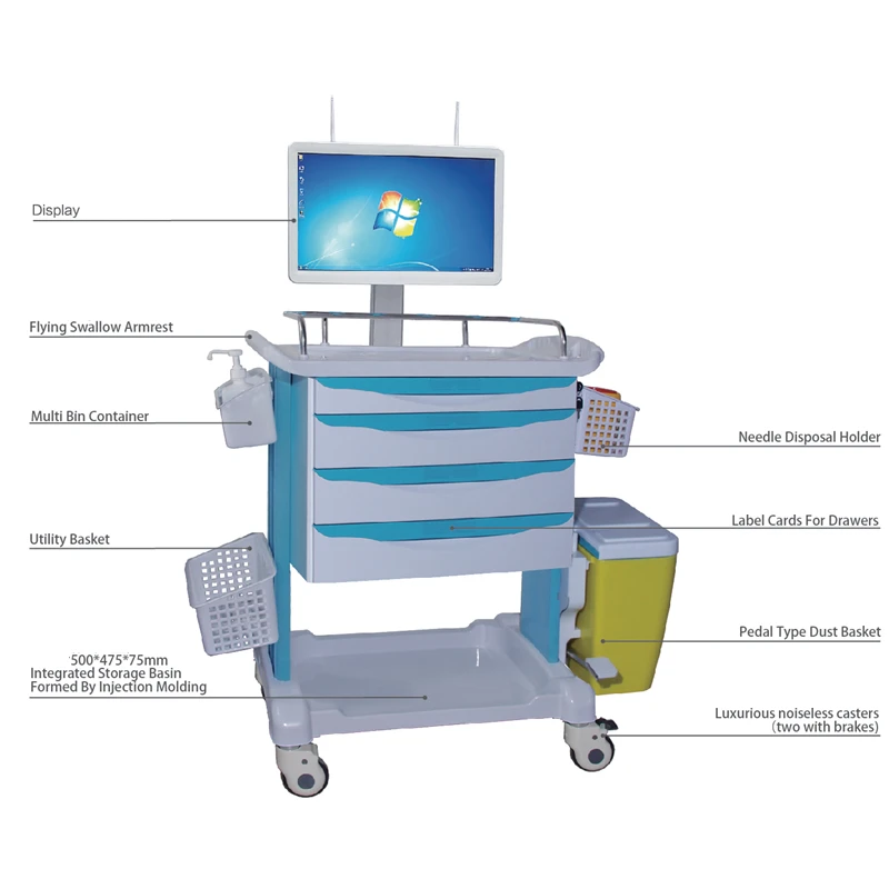 ABS Plastic Mobile Computer Trolley Hospital Medical Wireless Mobile Nursing Cart