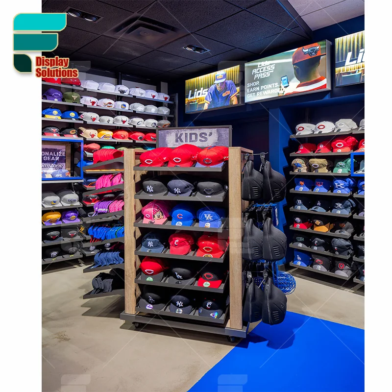 Exw Price Clothes And Hats Store Display Shelf Middle Wood Veneer Table Garment Shop Display Wall Mounted Hats Stand