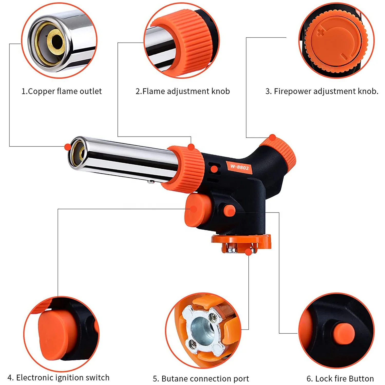 Portable Windproof Camping Cooking BBQ Lighters Blow Torch Butane Torch with Safety Lock and Adjustable Flame