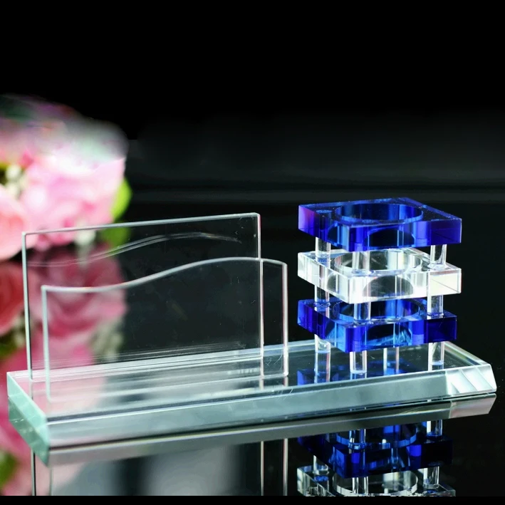 Clear Crystal Office Stationery Gift Set Desk Top Pen and Card Holder for Letter-Themed Promotions