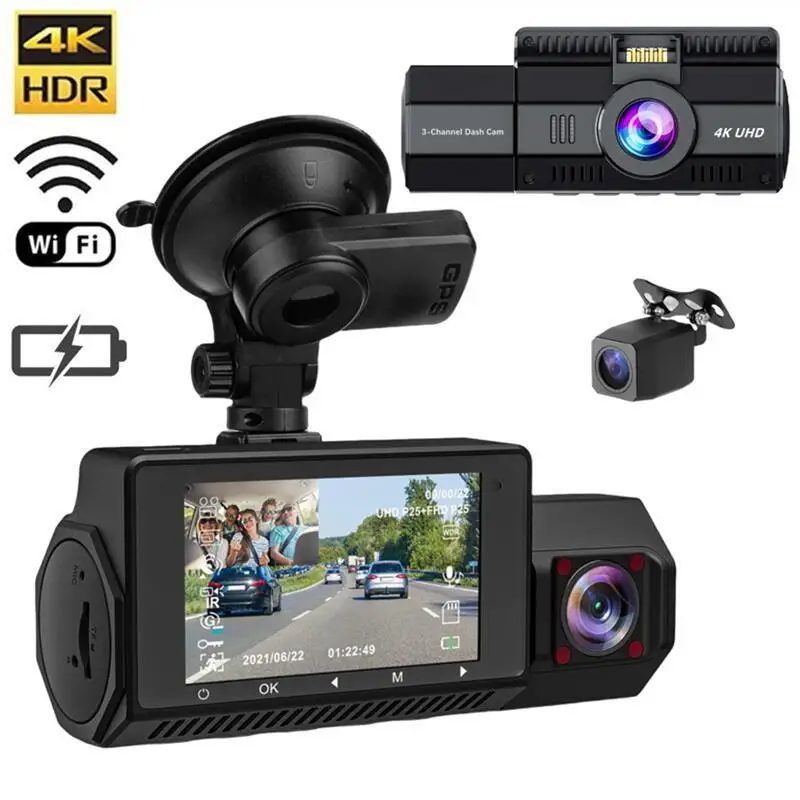 High Quality 3 channels Front inside rear Night Vision 4k WIFI GPS Dash Cam Car video Recorder with app