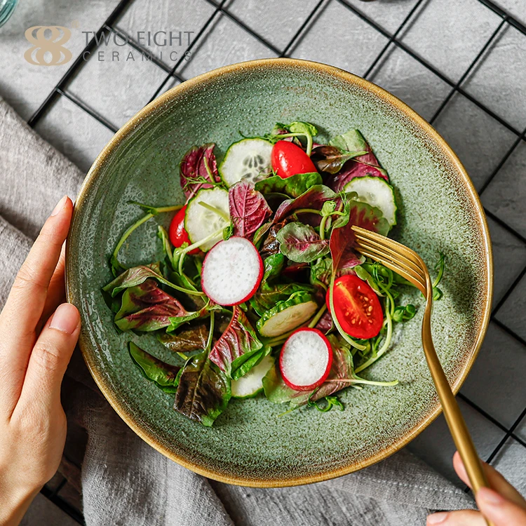 Wholesale Green Glazed Dinner Plates Sets Dinnerware Restaurant Tableware Supplier Rustic Porcelain Ceramic Dishes Plates Set