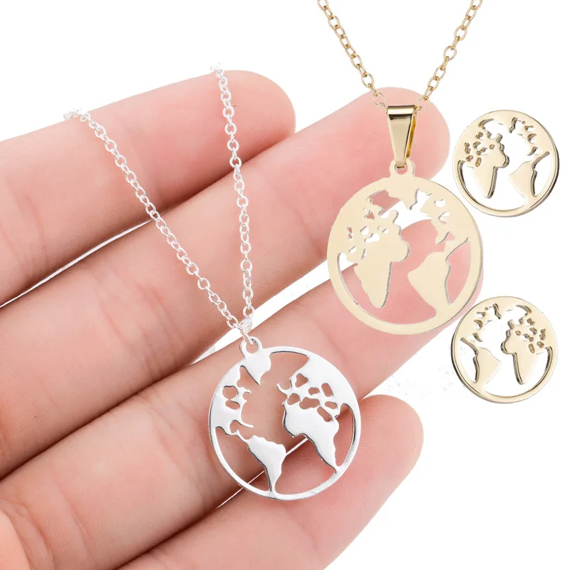 
CLARMER New style personalized stainless steel world map pendant necklace bracelet black stud earrings set wholesale 