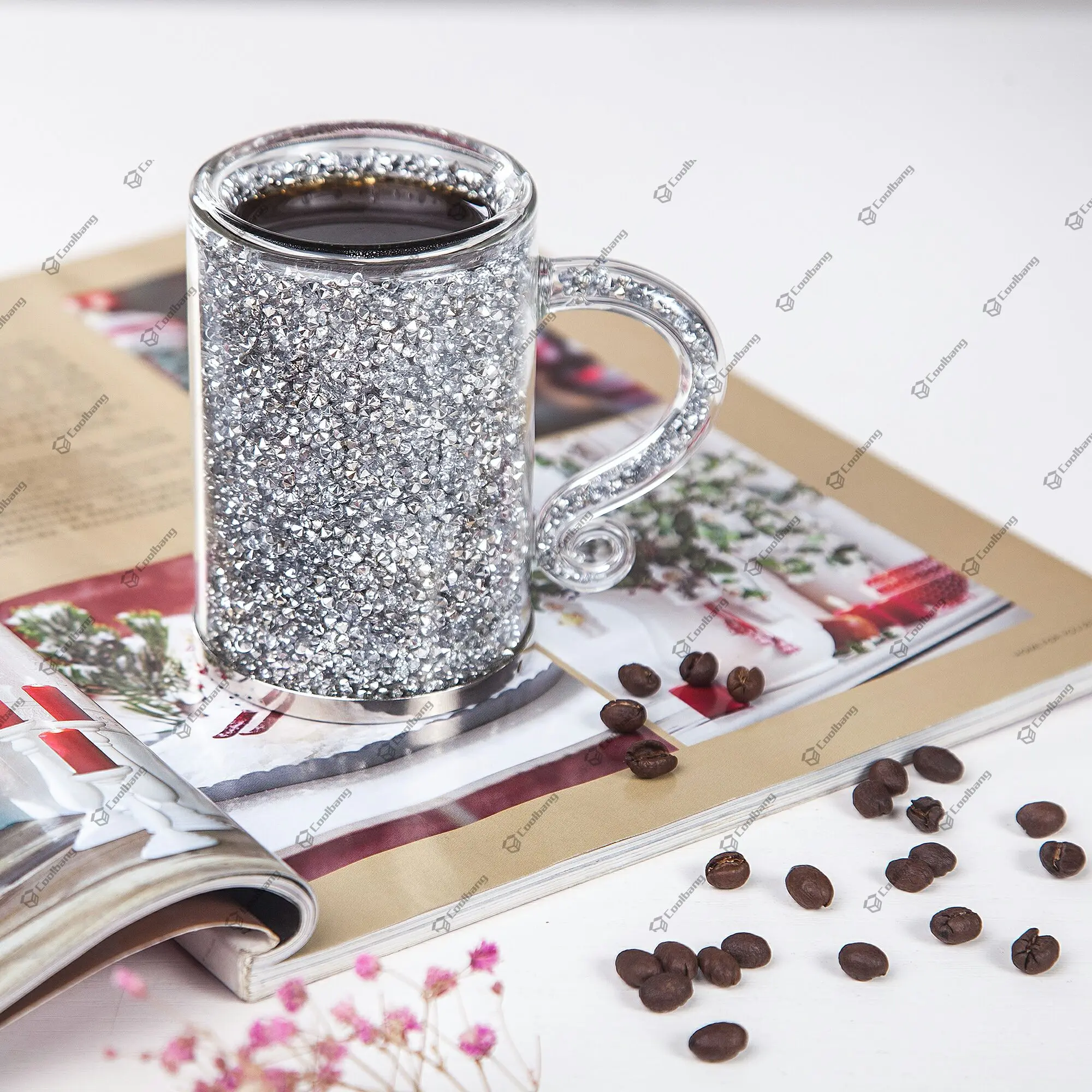 Kitchen Tabletop Decor Accessories Customized Logo Crushed Diamond Crystal Tea Cup Silver Glass Coffee Mugs With Handle