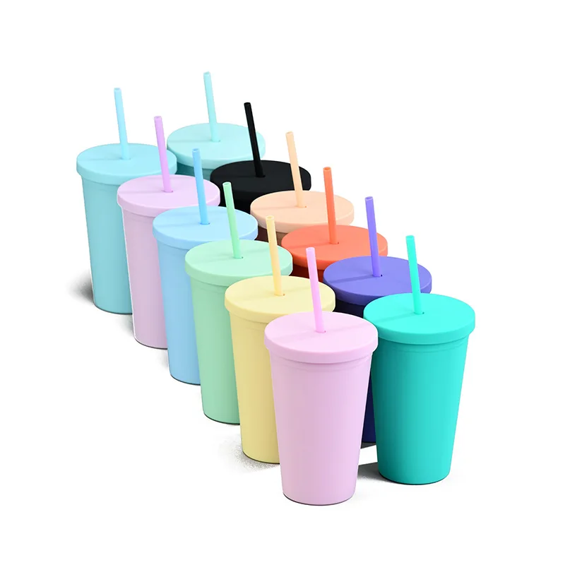 OEM Color Double Plastic Straw Cup 16OZ Coffee Cup Plastic Frosted coffee mug tumblers
