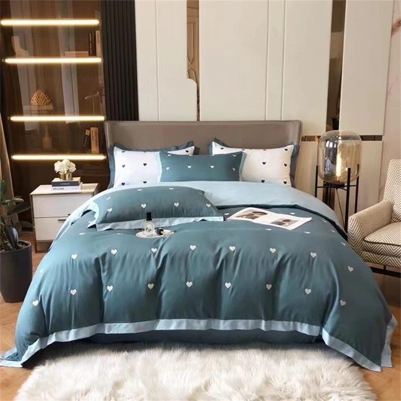 Pink Love Heart Embroidered Quilt Cover 4 Piece Set 100% Cotton Korean Girls Lovely Bedding Duvet Cover Cotton