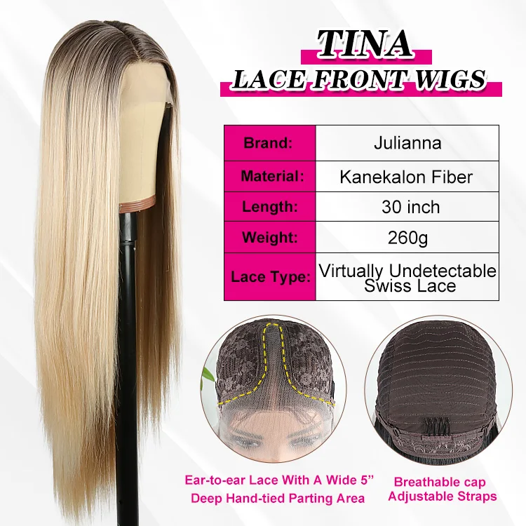 Julianna Hair New High Quality Premium Fiber Heat Resistant Natural Long Straight 30 Inch Ombre Blonde Synthetic Lace Front Wigs