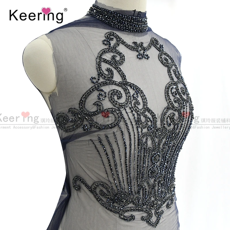 Popular Keering Wholesale New Design WDP-253 Blue Evening Bridal Dress Crown 3D Beads Bodice Flatback Rhinestone Applique