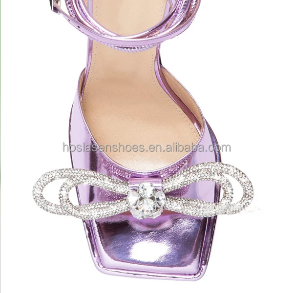 Hoslasen wholesale and retail 2022 new designs shinny purple thick platform and heel with rhinestone flower women sandals