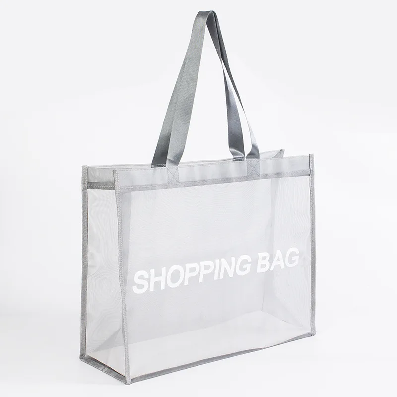 Wholesale Portable Letter Print Breathable Transparent Beach Bag Supermarket Mall Nylon Mesh Shopping Bag