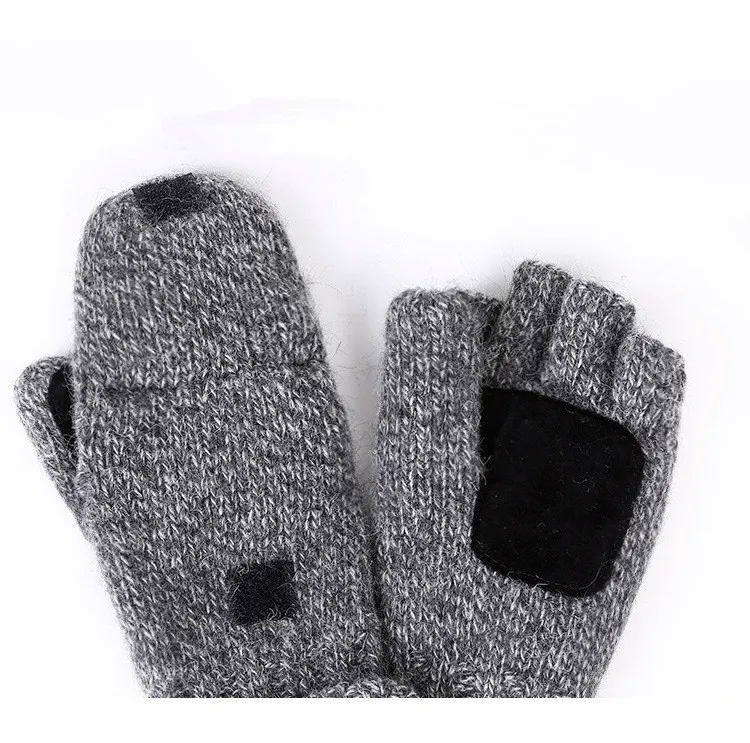 Wholesale Driving Genuine Leather Palm Warmth Half Five Finger Cover Mitten Men Touch Screen Woolen Knitted Winter Gloves