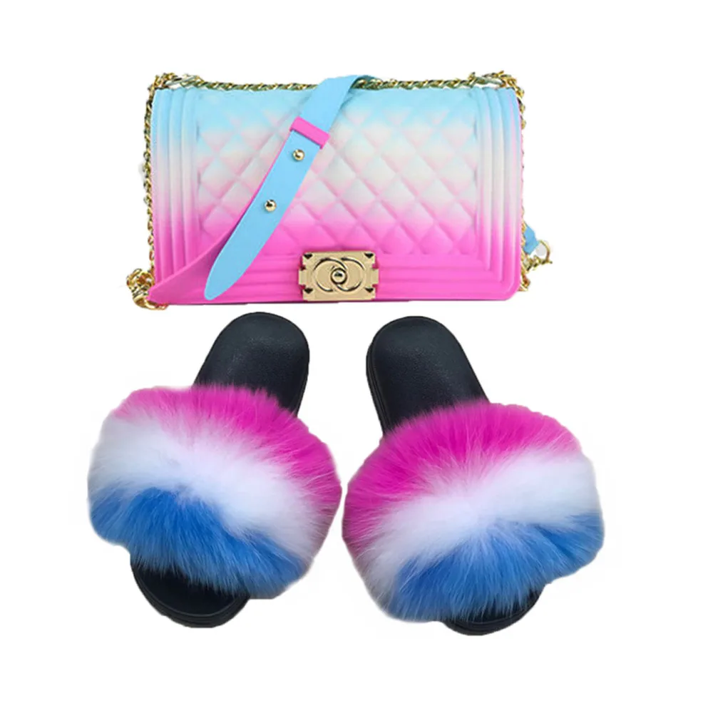 wholesale factory lowest price ladies slippers set real fur slippers with purse for women