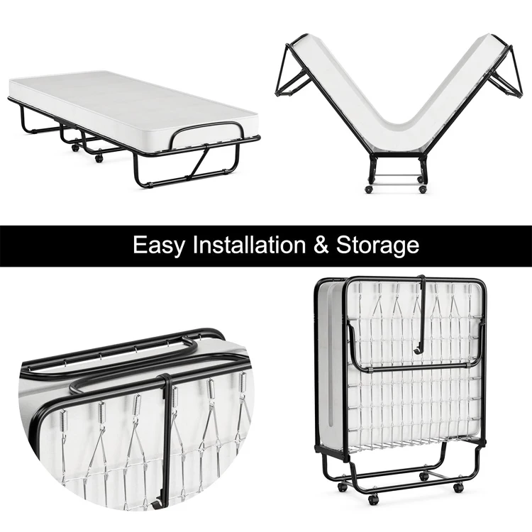 Home Garden Patio Backyard Fold up Guest Bed Roll Away Folding Bed Cama Plegable with Memory Foam Mattress & Sturdy Metal Frame