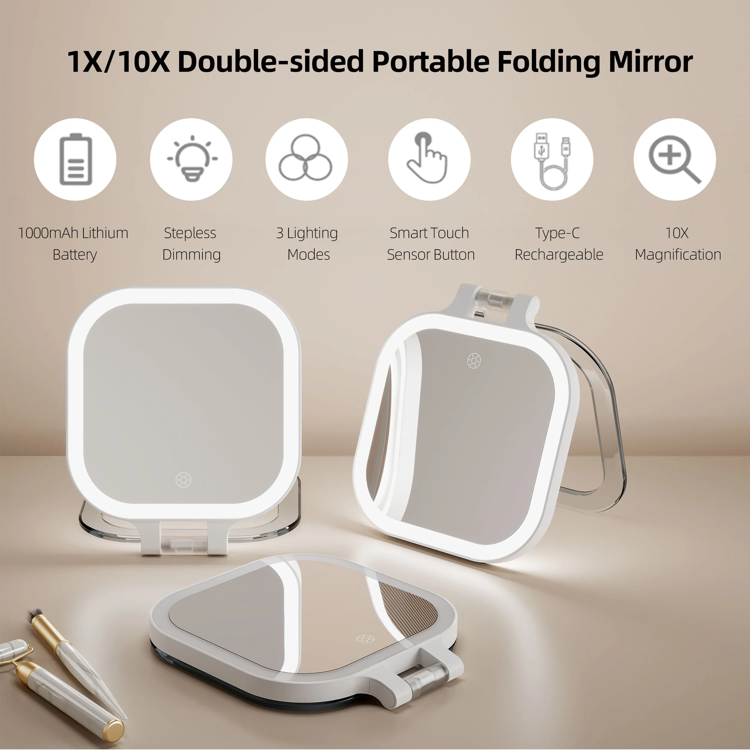 High Quality Light Up Square Illuminated Makeup Portable Led Magnifying Makeup With Lights 10x Lighted Folding Travel Mirror