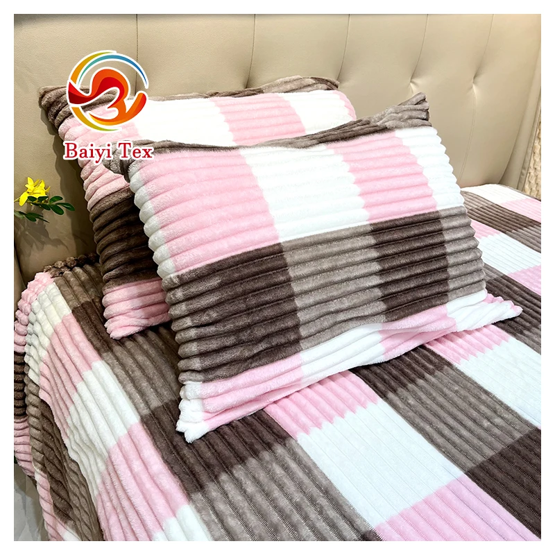 Soft Custom Printed flannel Modern Solid Color Design 100 Polyester Striped Bedding Set Blanket Plush Blanket