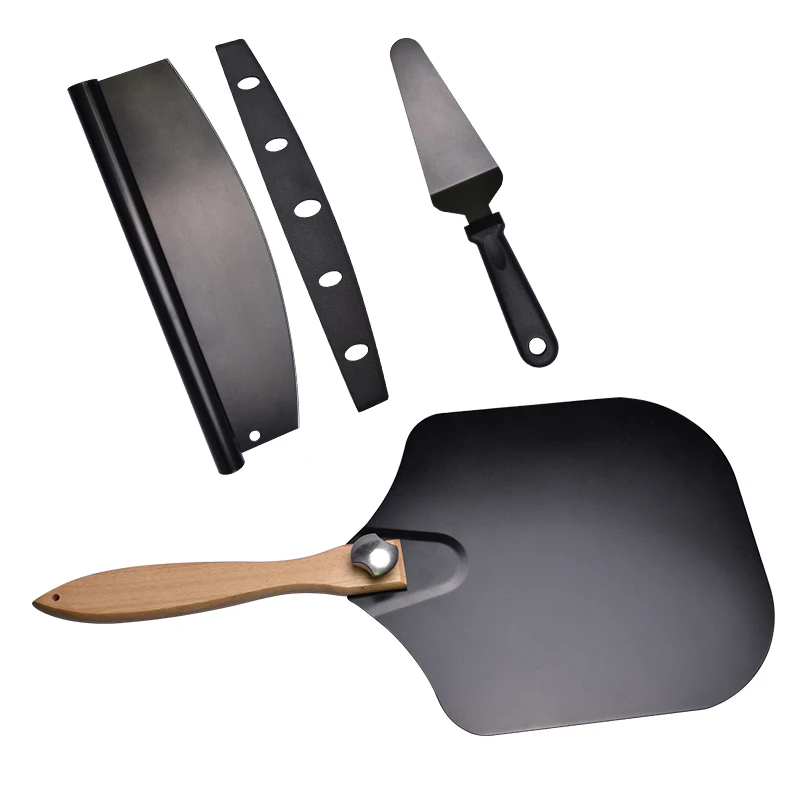 New Arrivals Non Stick Black Coating Pizza Cutter Server Set And Foldable Pizza Peel With Wooden Handle