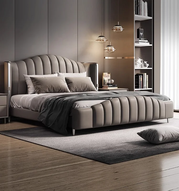 Home bedroom leather king size bed, master bedroom cushioned bed, double king size metal bed