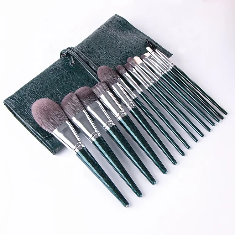 Zhengyi 14 pc makeup brushes with green handle soft cosmeticlades makeup brush with makeup brush professional travel case