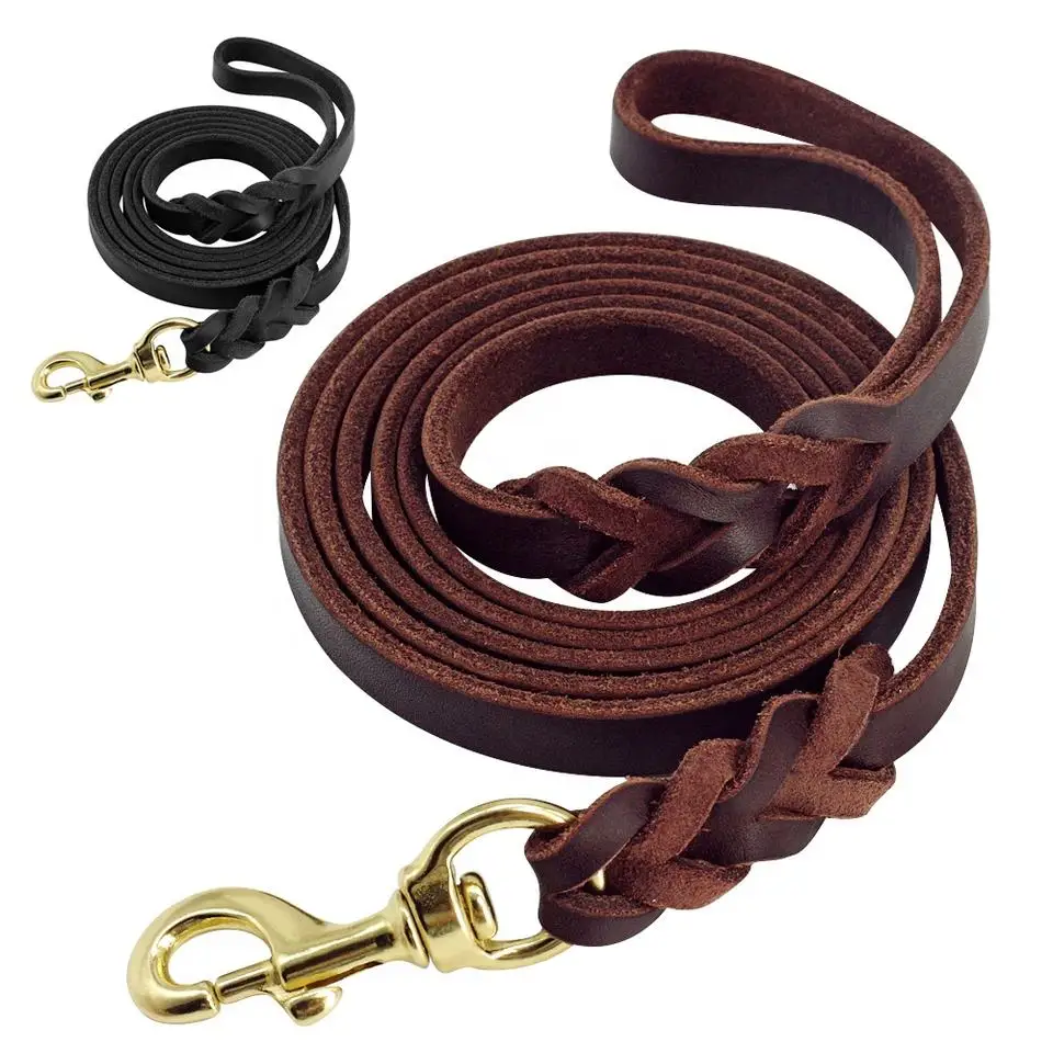 Durable Braided Leather Dog Leash leather Walking Training for Medium Large Dogs pet supplies heavy duty woven dog leash