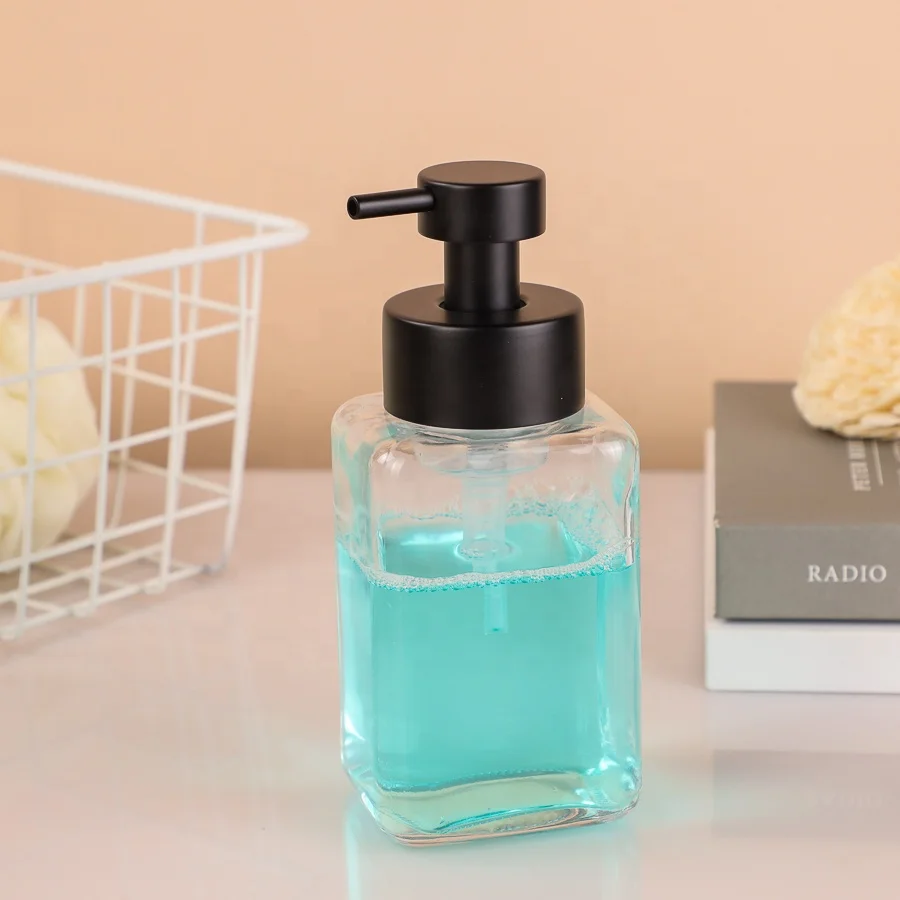 Flat Square Shape 8oz 250ml Liquid Soap Glass Dispenser Bottle With Black Foaming Pump For Hand Face Cleaning Personal Care Use