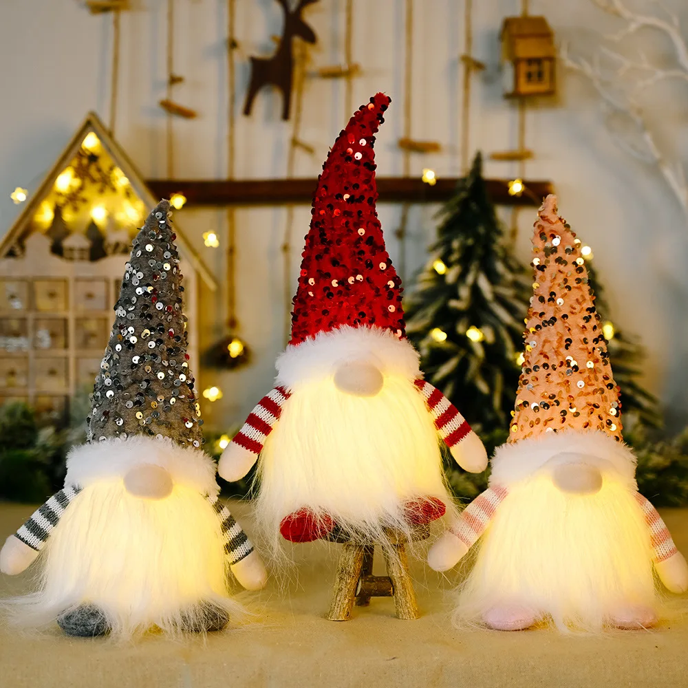 2024 Xmas Party Decoration Sequin Christmas Gnomes Plush With Light