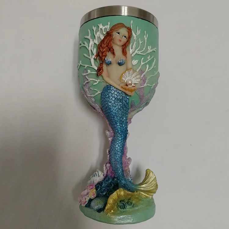 
Exquisite Mermaid Goblet 3D Resin Cup Cartoon Characters Red Wine Glass Stainless Steel Cup 