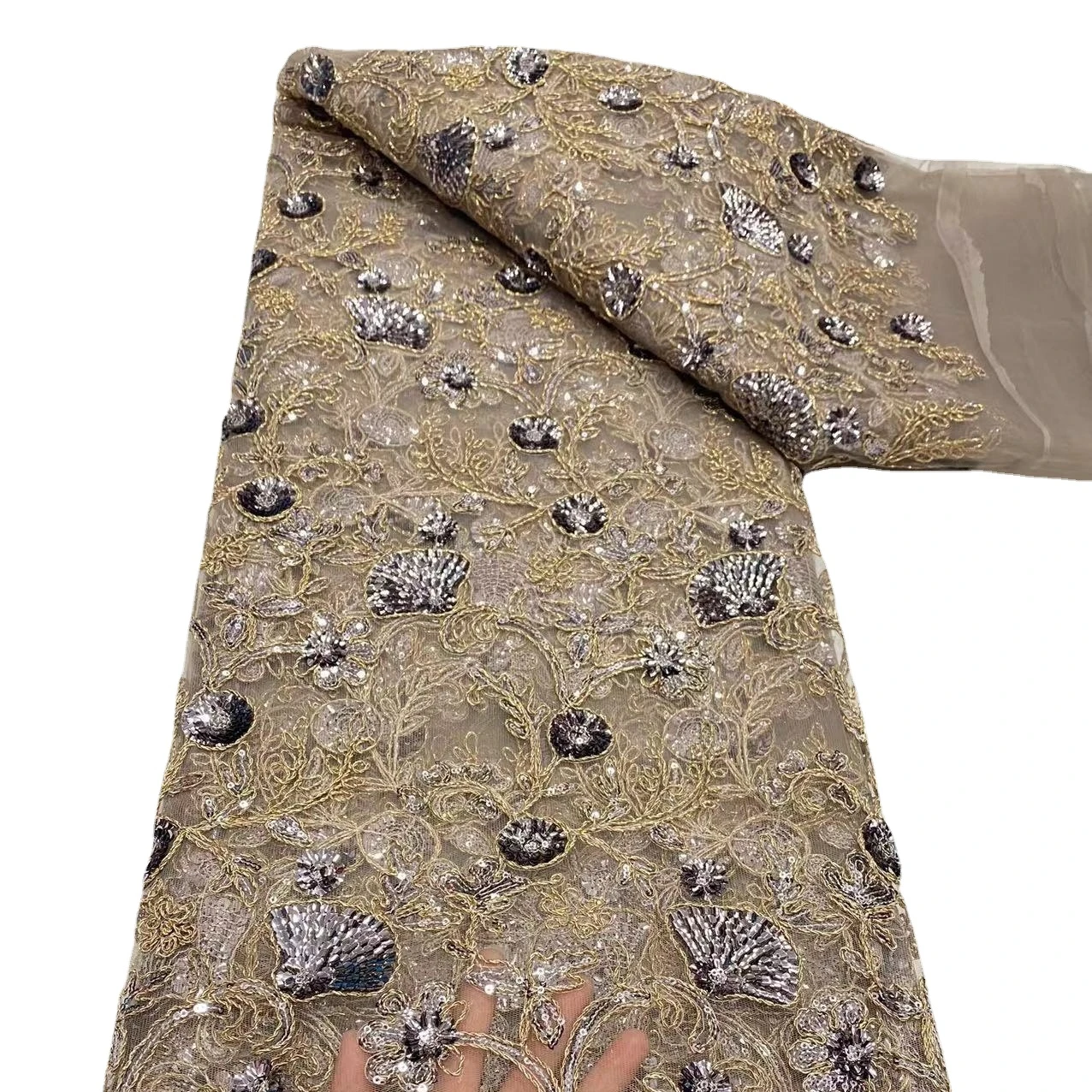 Luxury Lace Fabric Dubai Hand Beaded Tulle Lace Fabric Embroidered Applique African Nigerian Fabric For Sewing