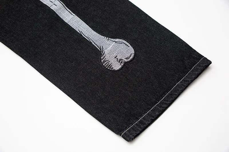 Custom Black Skeleton Embroidered Baggy Jeans Man Loose Wide Leg Fashion Casual Denim Straight Fit Jeans Men