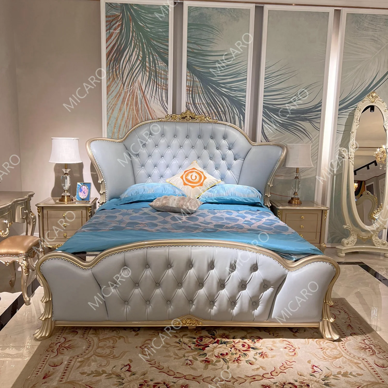 French classic solid wood cow leather headboard beds full master bedroom furniture set