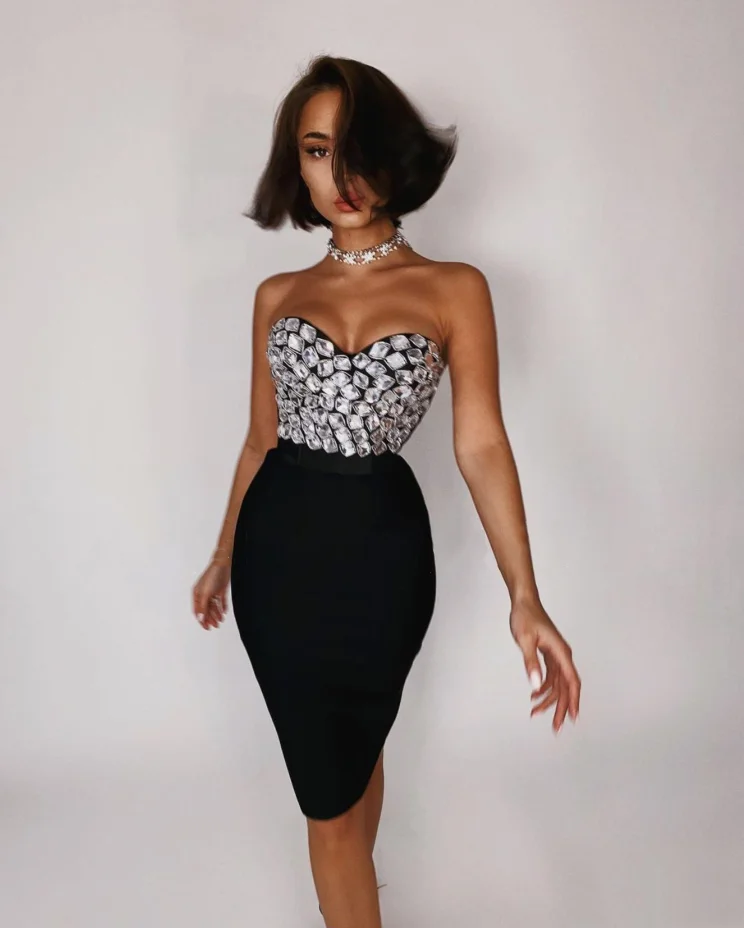 Sexy Bandage Women Set Beaded Rhinestone Top and Skirt bodycon 2 Piece Set