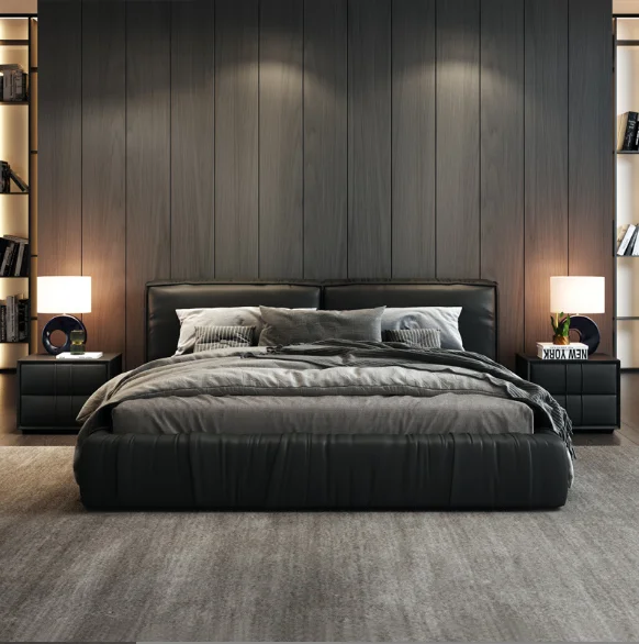 Modern Black Leather Double Queen King  Size Upholstered Storage Platform luxury bed room queen bed set furniture bedroom