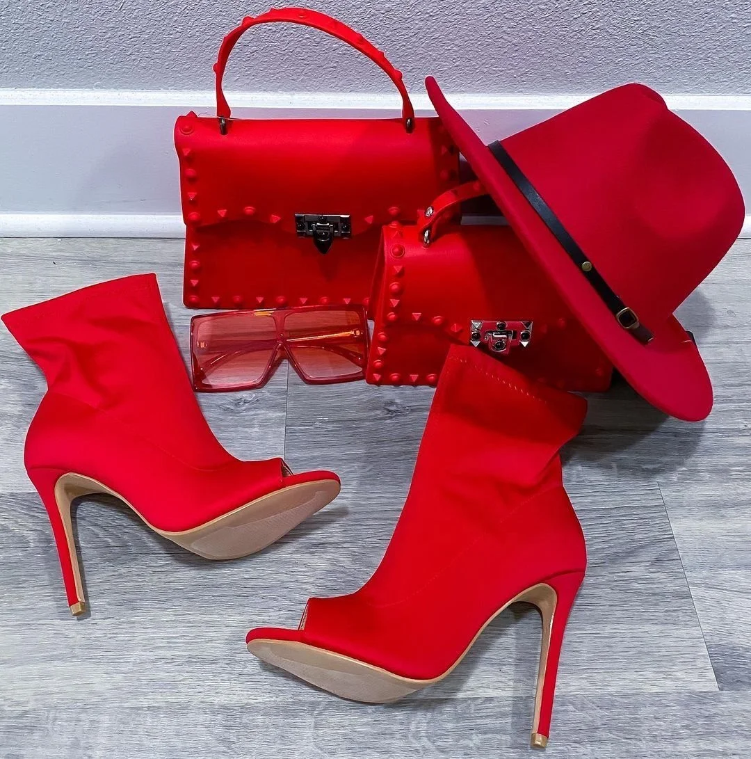 
Wholesale pvc rivet shoulder bags jelly purse with matching hats high heel sandals set bags women handbags ladies purses 