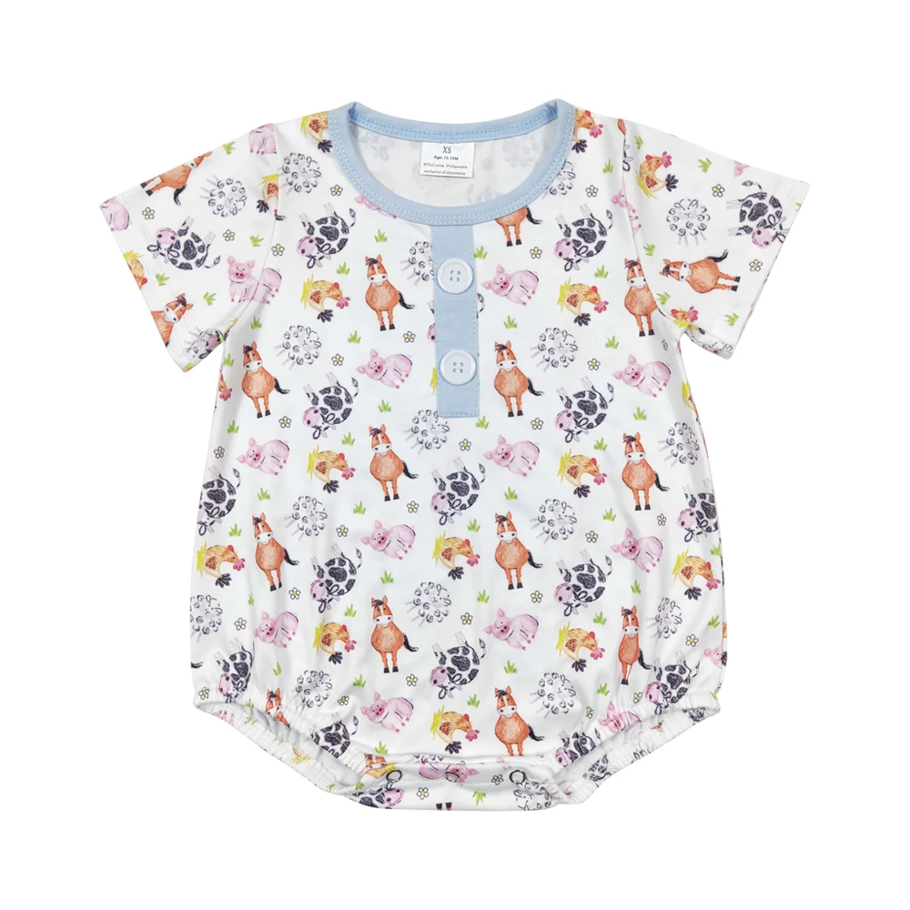 2024 RTS Farm Animals Horse Pig Cow Chick Blue Short Sleeve Baby Romper Kids Clothes High Quality Boutique Hot Sale New Arrival