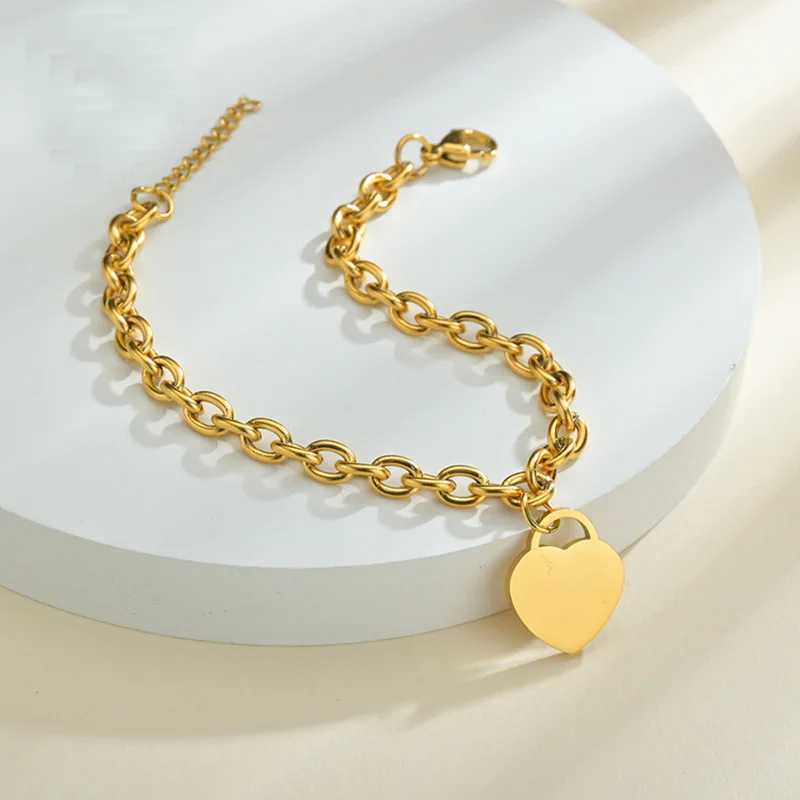 Hot Selling 2022 Toppik Jewelry Stainless Steel Chunky Chain Heart Charm DIY Lettering Name Engraving Bracelet