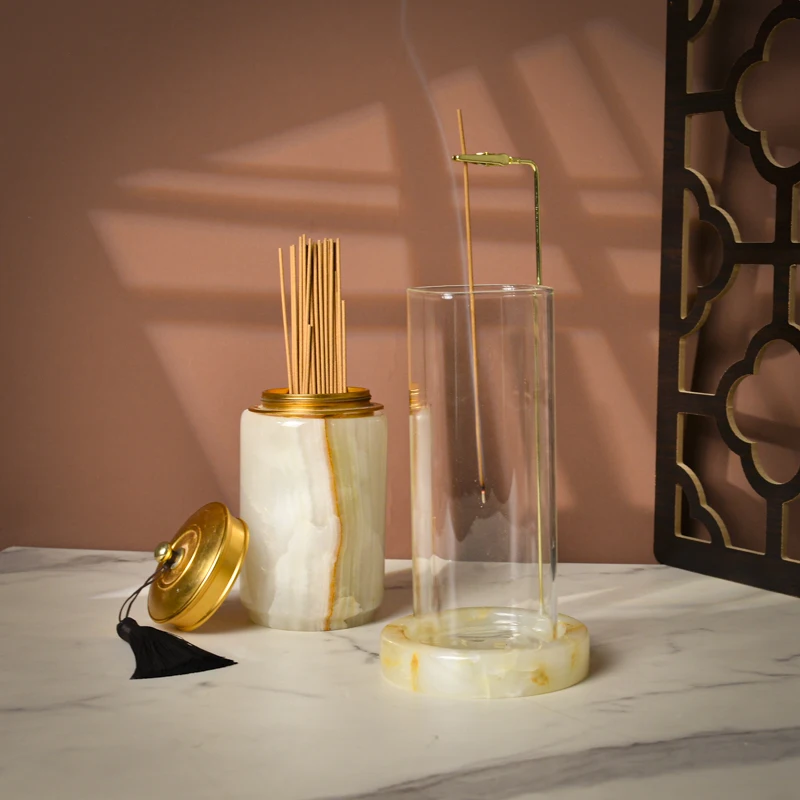 top sale yinhe stone unique design luxury marble onyx Incense stick Holder with Glass Ash Catcher anti-ash Incense Burner set
