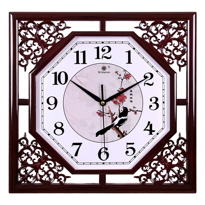 Chinese Retro Style Wall Clock for Living Room Creative New Square Quartz Design Home Electronic Needle Display Plastic Material