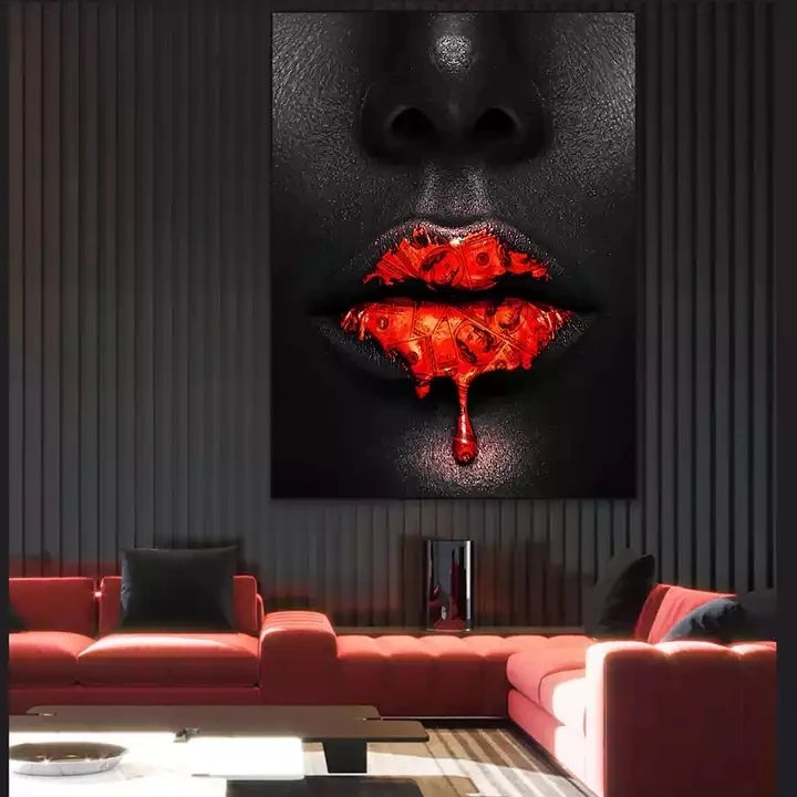 Creative Red Lips Dollar Drip Canvas Painting Art Black African Woman Lip Canvas Wall Painting