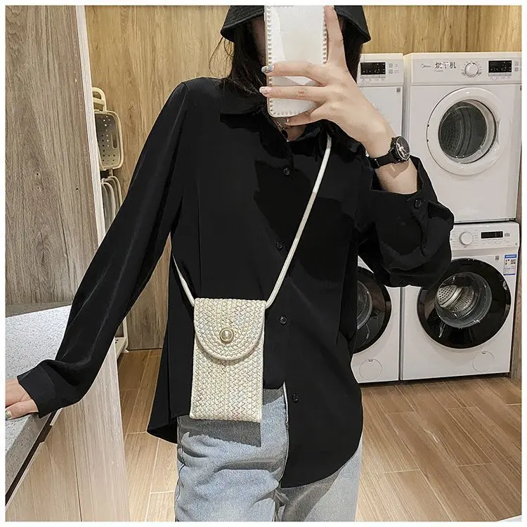 The 2024 New Pearl Contracted Mobile Phone Zero Wallet Cotton Thread Woven Contrast Color Stripe Small Bag